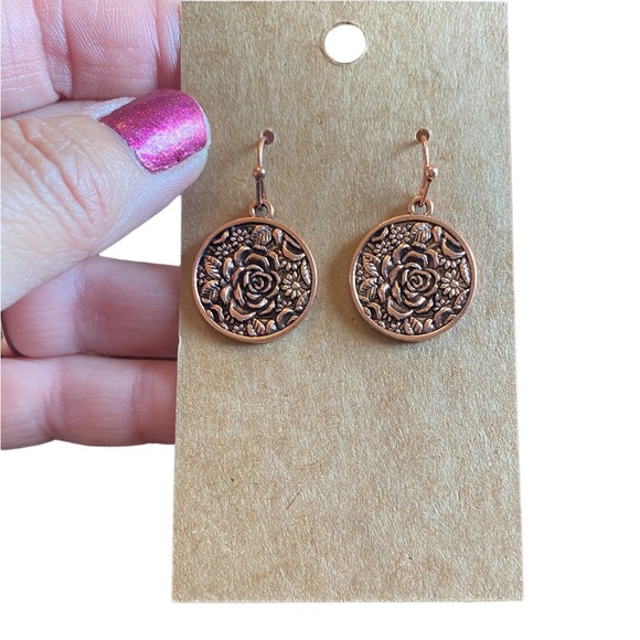 Champagne Rose Gold Rose Engraved Circle Drop Earrings - Picture 5 of 5